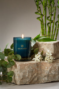 Single 10.5oz Balneario Luxury Soy-Coconut Candle in teal glassware, with a flame on stones, surrounded by Onsen-scented ingredients.