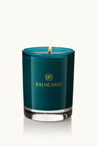 Balneario Full Size Luxury Soy-Coconut Candle in Teal Glass with Flame