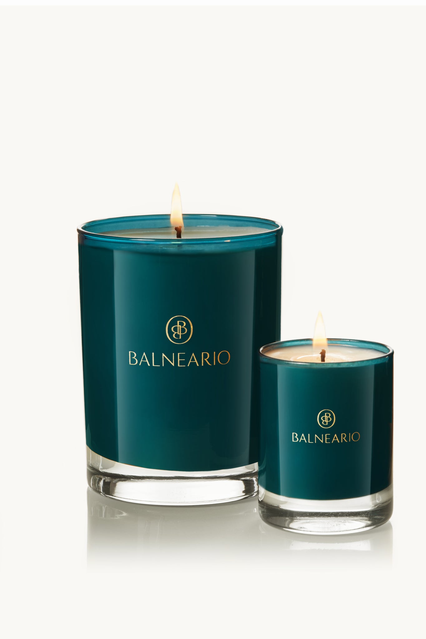 Balneario Full & Votive Size Luxury Soy-Coconut Candle in Teal Glass with Flame