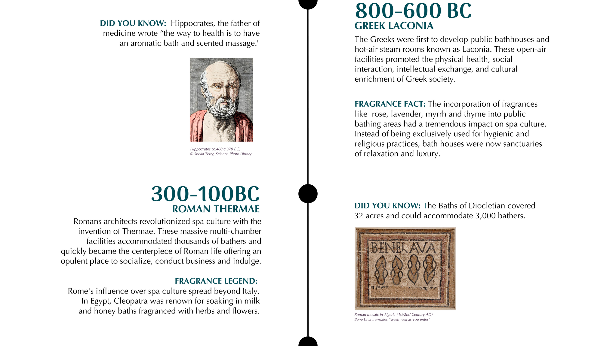 Balneario timeline of the origins of spa culture continued with the Greek Laconia from 800-600 BC and Roman Thermae from 300-100BC