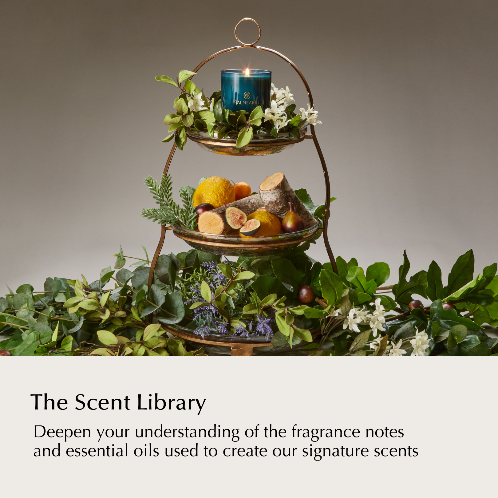 The Scent Library featuring a Balneario candle on top of a tower of ingredients