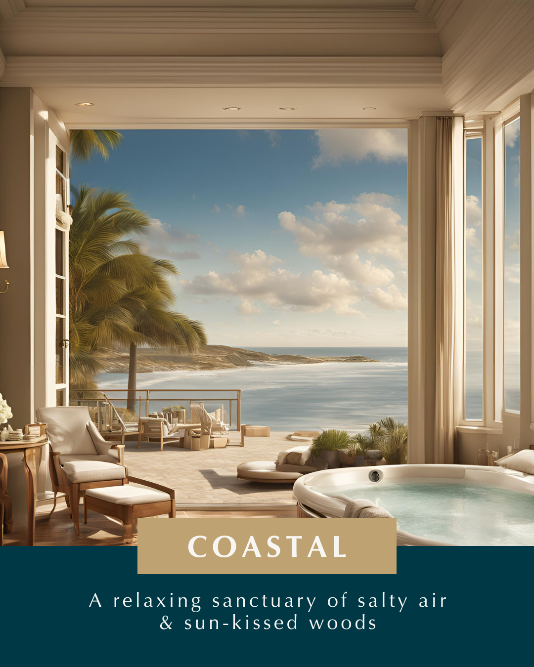 A beautiful spa escape location with description of Coastal fragrance. 