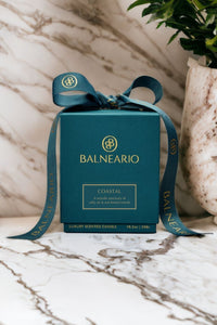 Balneario teal box on marble counter with branded ribbon, Coastal scent.