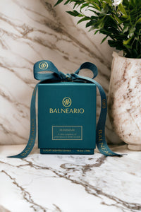 Balneario teal box on marble counter with branded ribbon, Hammam scent.