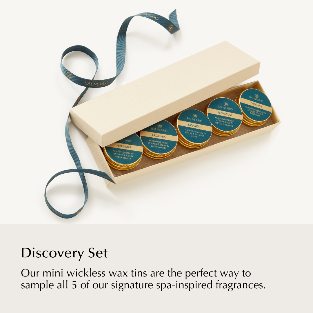 Balneario Discovery Set: 5 gold tins filled with fragranced soy-coconut wax in gift box with signature teal ribbon